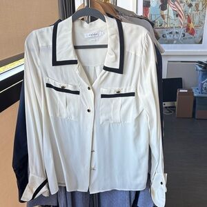 FRAME White Silk Button-Up Blouse with Black Trim